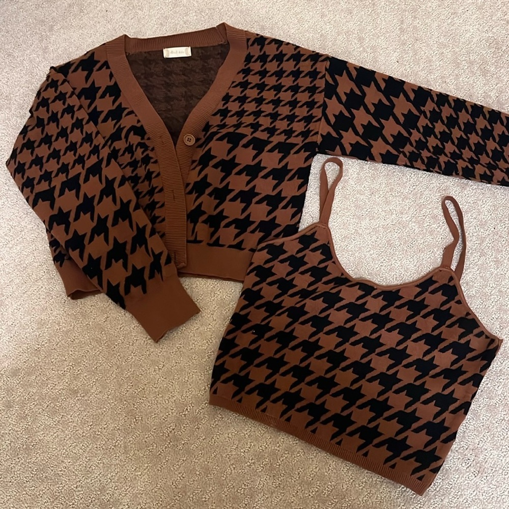 Brown Cardigan Set Houndstooth pattern